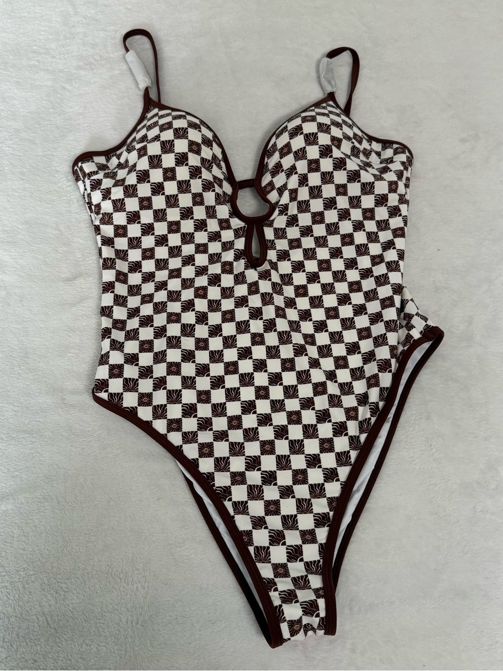 CUPSHE Womens L One Piece Swimsuit Brown Cream Checkered Cutout NWT Retro